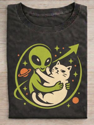 Cute Alien and Shadow Cat Cosmic Cute Humor Unisex Graphic Tee