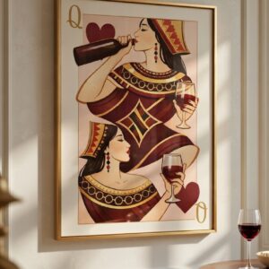 Queen of Indulgence Playing Card Art Print – Vintage Wine Illustration