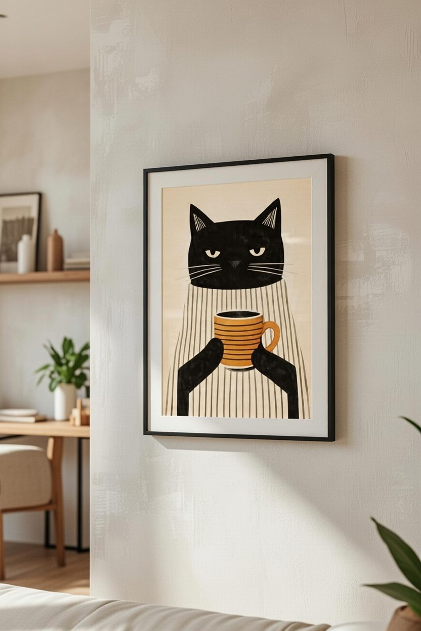 Grumpy Cat Coffee Illustration Print – Minimalist Morning Humor Wall Art - Image 2