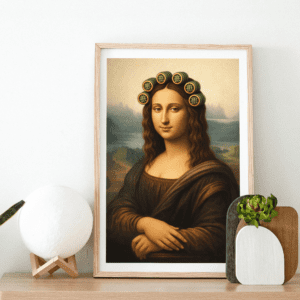 Mona Lisa with Curlers Wall Art Print – Classic Art Parody Illustration