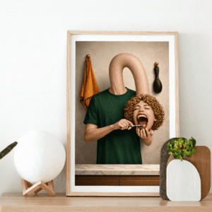Surreal Morning Routine Wall Art Print – Absurd Conceptual Bathroom Illustration