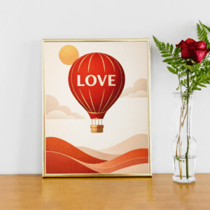 Love Hot Air Balloon Wall Art Print – Romantic Minimal Illustration with Warm Vintage Tones