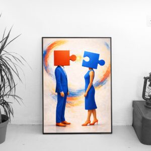Puzzle Heads Connection Wall Art Print – Conceptual Modern Art About Relationships and Balance