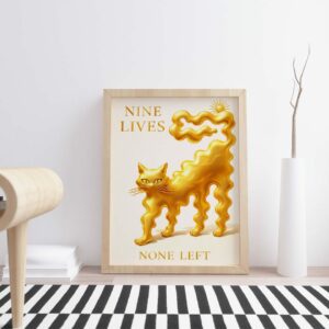 Nine Lives None Left Wall Art Print – Golden Cat Surreal Illustration