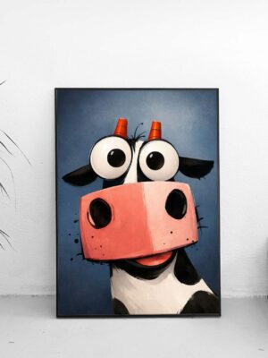 Wide-Eyed Cow Illustration Wall Art Print – Whimsical Farm Animal Art, Playful Modern Decor