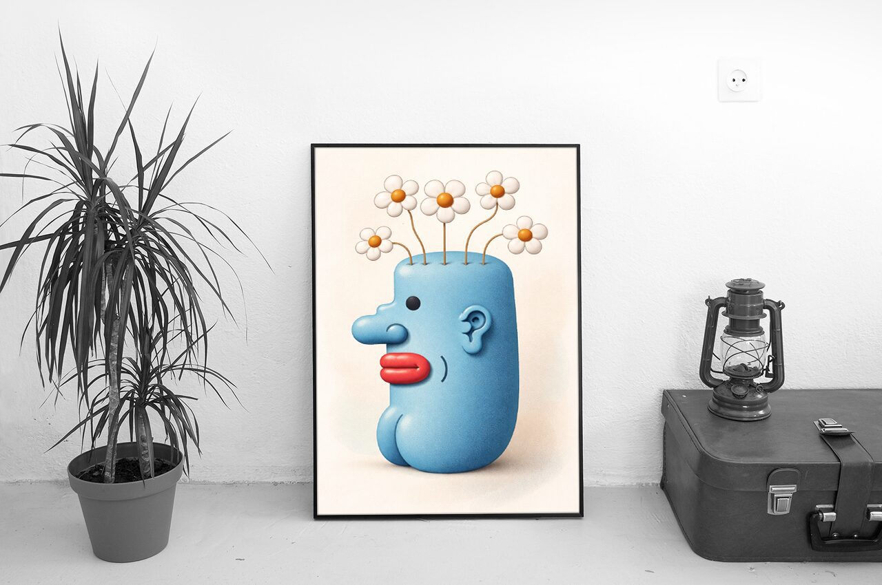 Surreal Blue Head with Blooming Flowers Modern Art Print