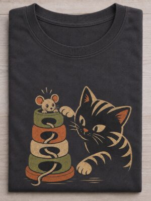 Playful Cat and Mouse Stack Cute Graphic Tee