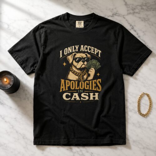 Cash Apology Dog Funny Money Humor Graphic Tee photo review