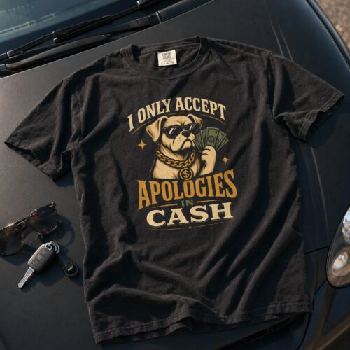 Cash Apology Dog Funny Money Humor Graphic Tee photo review