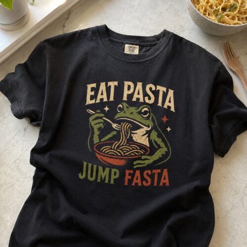 Eat Pasta Jump Fasta Frog Food Pun Humor Graphic Tee photo review