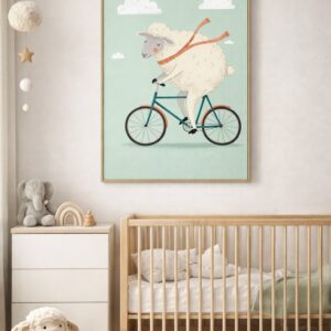 Cycling Sheep Wall Art Print – Cute Farm Animal Illustration for Kids Room, Nursery & Modern Home Decor