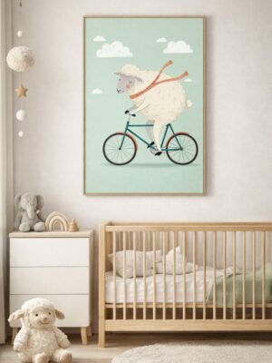 Cycling Sheep Wall Art Print – Cute Farm Animal Illustration for Kids Room, Nursery & Modern Home Decor