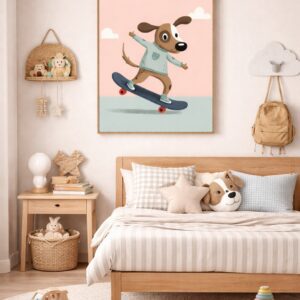 Skateboarding Dog Wall Art Print – Cute Animal Illustration for Kids Room, Nursery & Modern Home Decor