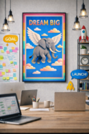 Dream Big Flying Elephant Wall Art – Inspirational Motivational Illustration Print for Modern Home, Office & Nursery Decor