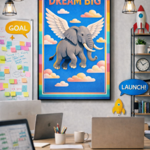 Dream Big Flying Elephant Wall Art – Inspirational Motivational Illustration Print for Modern Home, Office & Nursery Decor