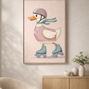Roller Skating Duck Wall Art Print – Cute Animal Illustration for Kids Room, Nursery & Modern Home Decor