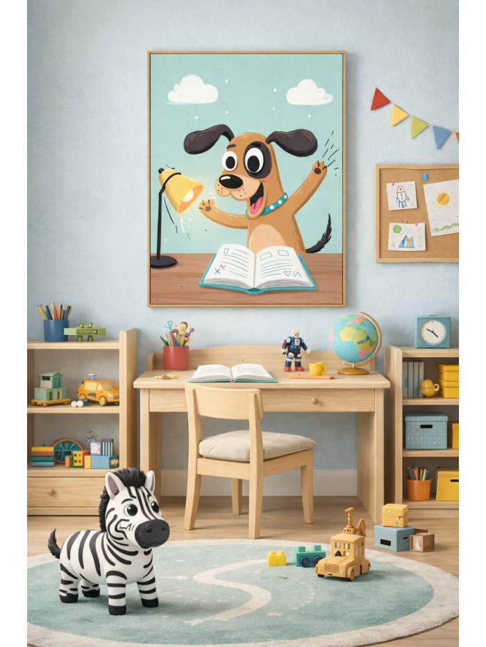 Studying Dog Wall Art Print – Cute Animal Illustration for Kids Room, Nursery & Modern Home Decor