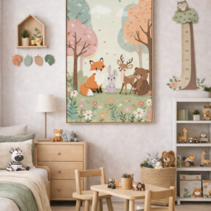 Woodland Friends Wall Art Print – Cute Forest Animals Illustration for Nursery, Kids Room & Baby Decor