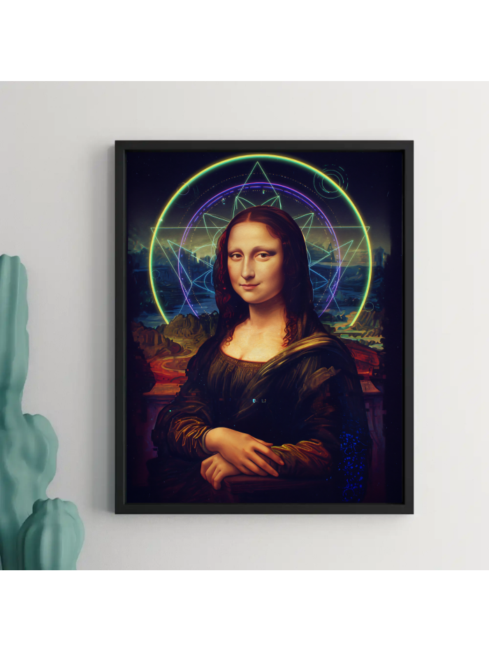 Cosmic Mona Lisa Wall Art Print, Surreal Galaxy Portrait with Glowing Eyes, Psychedelic Renaissance Poster, Modern Statement Wall Decor, Trippy Art Print
