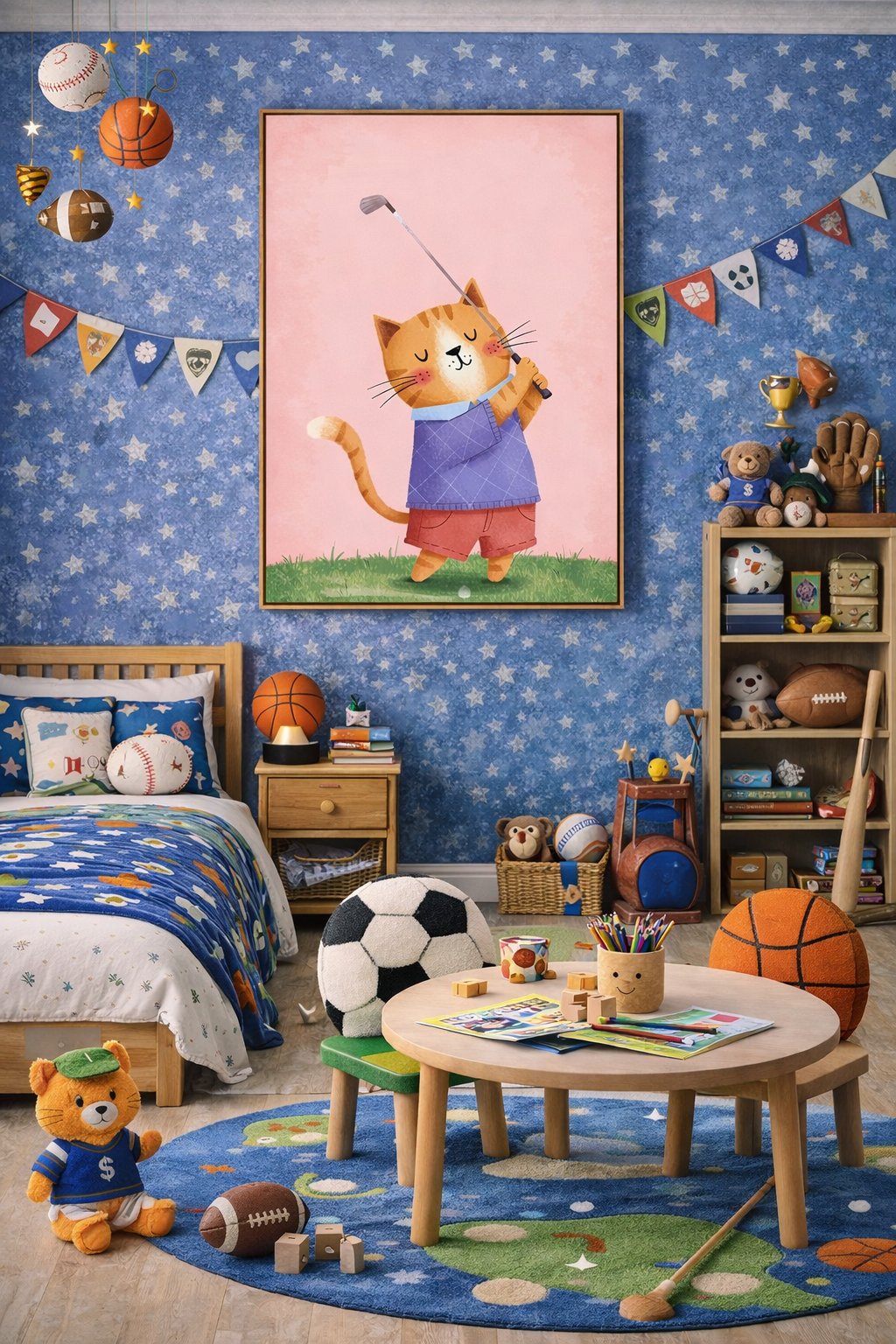 Whimsical Cat Golf Wall Art Print – Cute Animal Illustration for Nursery, Kids Room & Playroom Decor