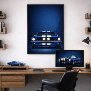 Ford Mustang Front View – Blue Racing Stripes Classic Muscle Art Print