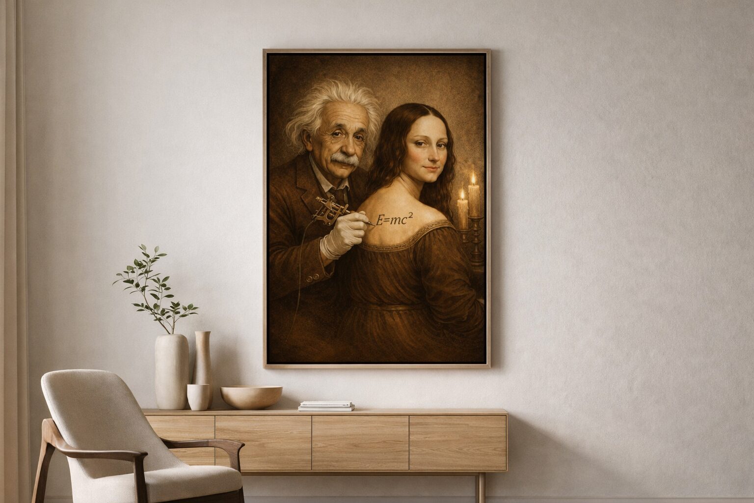 Einstein & Mona Lisa – E=mc² Renaissance Parody Art Print