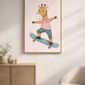 Skateboarding Giraffe Wall Art Print, Cute Animal Nursery Decor, Kids Room Playroom Illustration, Safari Animal Art