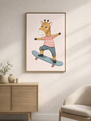 Skateboarding Giraffe Wall Art Print, Cute Animal Nursery Decor, Kids Room Playroom Illustration, Safari Animal Art