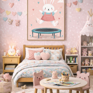 Whimsical Bunny Wall Art Print – Cute Rabbit Illustration for Nursery, Kids Room & Playroom Decor