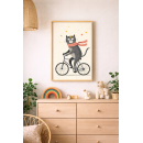 Cute Cat on Bicycle Wall Art Print, Whimsical Animal Illustration, Playful Nursery Wall Decor, Scandinavian Kids Art, Minimal Modern Cat Artwork