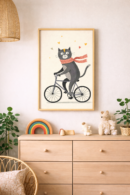 Cute Cat on Bicycle Wall Art Print, Whimsical Animal Illustration, Playful Nursery Wall Decor, Scandinavian Kids Art, Minimal Modern Cat Artwork