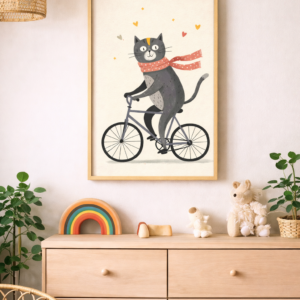 Cute Cat on Bicycle Wall Art Print, Whimsical Animal Illustration, Playful Nursery Wall Decor, Scandinavian Kids Art, Minimal Modern Cat Artwork