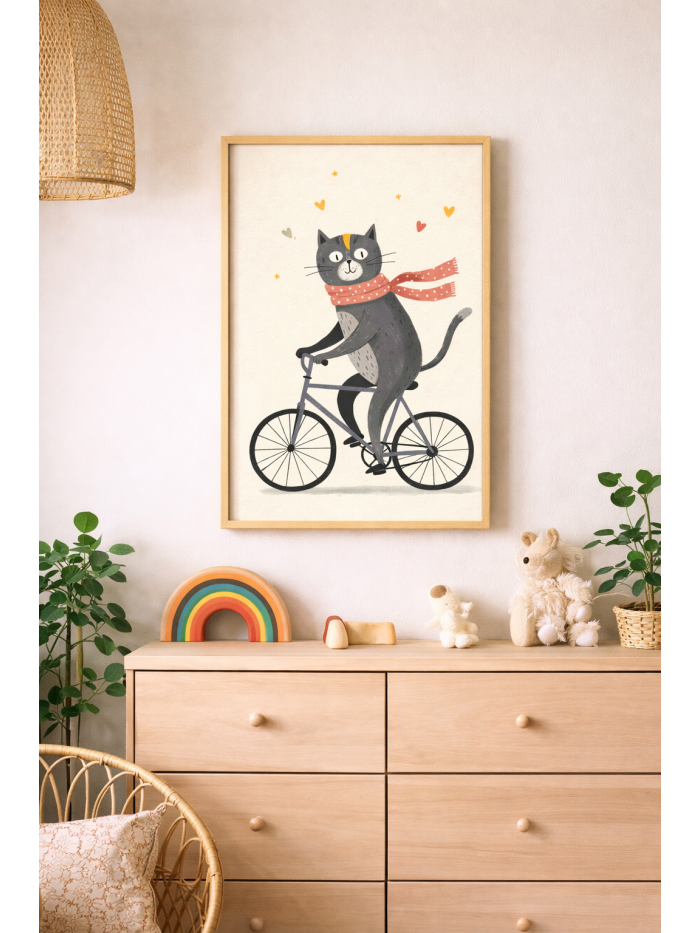 Cute Cat on Bicycle Wall Art Print, Whimsical Animal Illustration, Playful Nursery Wall Decor, Scandinavian Kids Art, Minimal Modern Cat Artwork