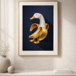 Golden Duck Banana Sculpture Wall Art – Surreal Luxury Animal Illustration