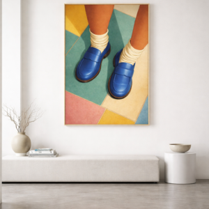 Modern Fashion Wall Art Print – Blue Loafers with Retro Color Block Floor