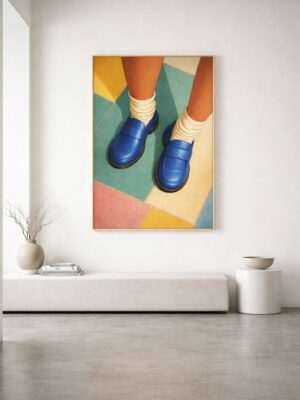 Modern Fashion Wall Art Print – Blue Loafers with Retro Color Block Floor