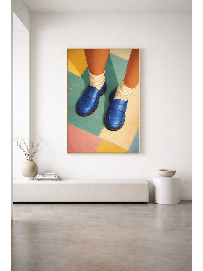 Modern Fashion Wall Art Print – Blue Loafers with Retro Color Block Floor