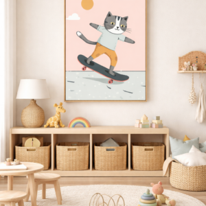 Skateboarding Cat Wall Art Print – Modern Cute Animal Illustration for Kids Room, Nursery & Contemporary Home Decor
