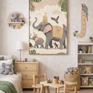 Whimsical Elephant Parade Wall Art Print – Cute Jungle Animal Illustration for Nursery, Kids Room & Playroom Decor