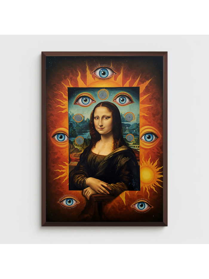 Trippy Mona Lisa Wall Art Print, Surreal Sun & Eye Portrait, Psychedelic Renaissance Artwork, Mystical Cosmic Wall Decor, Modern Statement Art Print