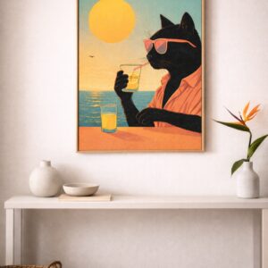 Sunset Sip – Coastal Cool Cat Wall Art Print