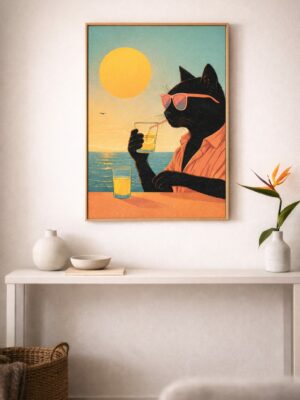 Sunset Sip – Coastal Cool Cat Wall Art Print