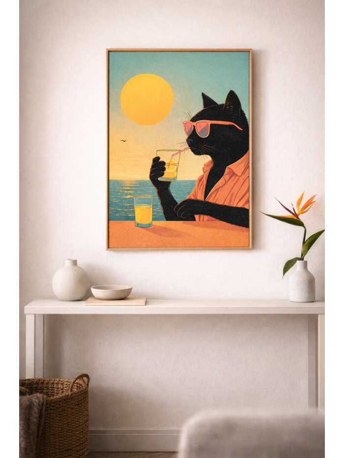 Sunset Sip – Coastal Cool Cat Wall Art Print