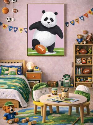Whimsical Panda Sports Wall Art Print – Cute Animal Illustration for Nursery, Kids Room & Playroom Decor