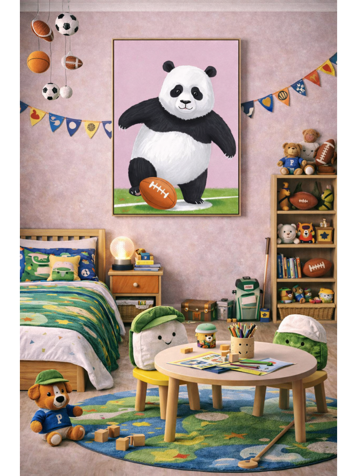 Whimsical Panda Sports Wall Art Print – Cute Animal Illustration for Nursery, Kids Room & Playroom Decor