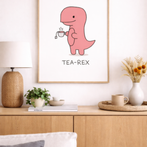 Funny Tea-Rex Wall Art Print, Cute Dinosaur Tea Illustration, Minimalist Humor Poster, Cozy Kitchen Decor