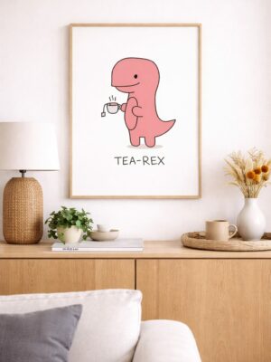 Funny Tea-Rex Wall Art Print, Cute Dinosaur Tea Illustration, Minimalist Humor Poster, Cozy Kitchen Decor