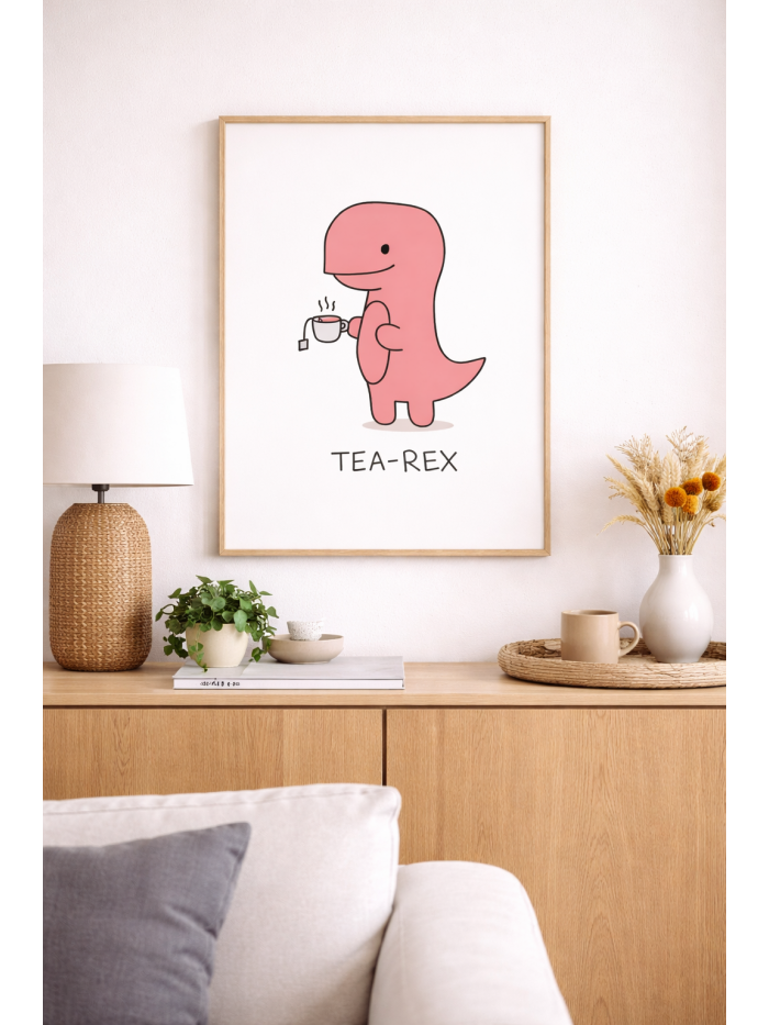 Funny Tea-Rex Wall Art Print, Cute Dinosaur Tea Illustration, Minimalist Humor Poster, Cozy Kitchen Decor