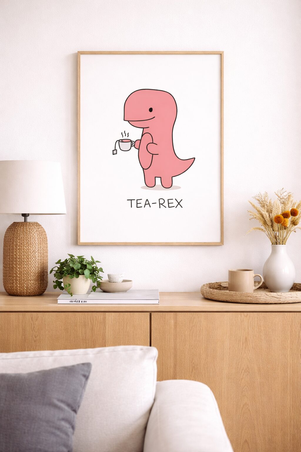 Funny Tea-Rex Wall Art Print, Cute Dinosaur Tea Illustration, Minimalist Humor Poster, Cozy Kitchen Decor