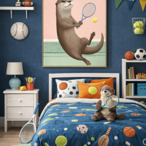 Tennis Otter Wall Art Print – Cute Sports Animal Illustration for Kids Room, Nursery & Modern Home Decor